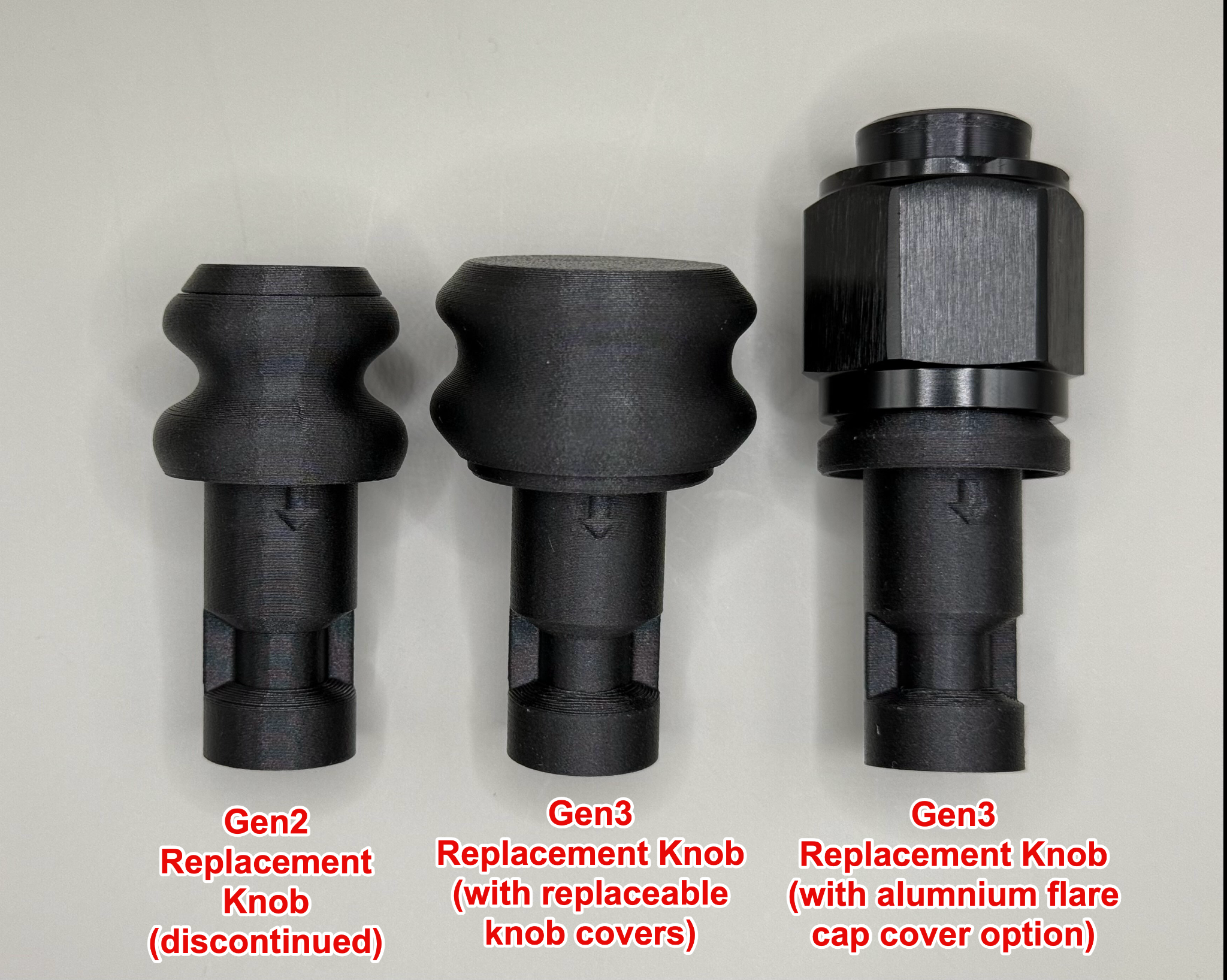 Gen2 (discontinued), Gen3, and Gen3 aluminum replacement knob comparison