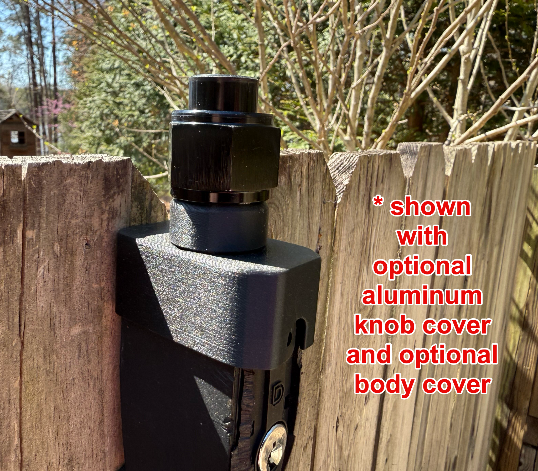 Completed V3 installation with aluminum knob and optional body cover installed on gate